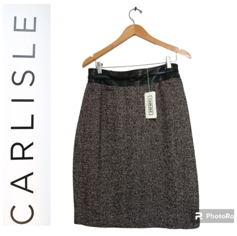 CARLISLE Boucle Wool & Leather Trimmed High Waist Midi Skirt. Size 10